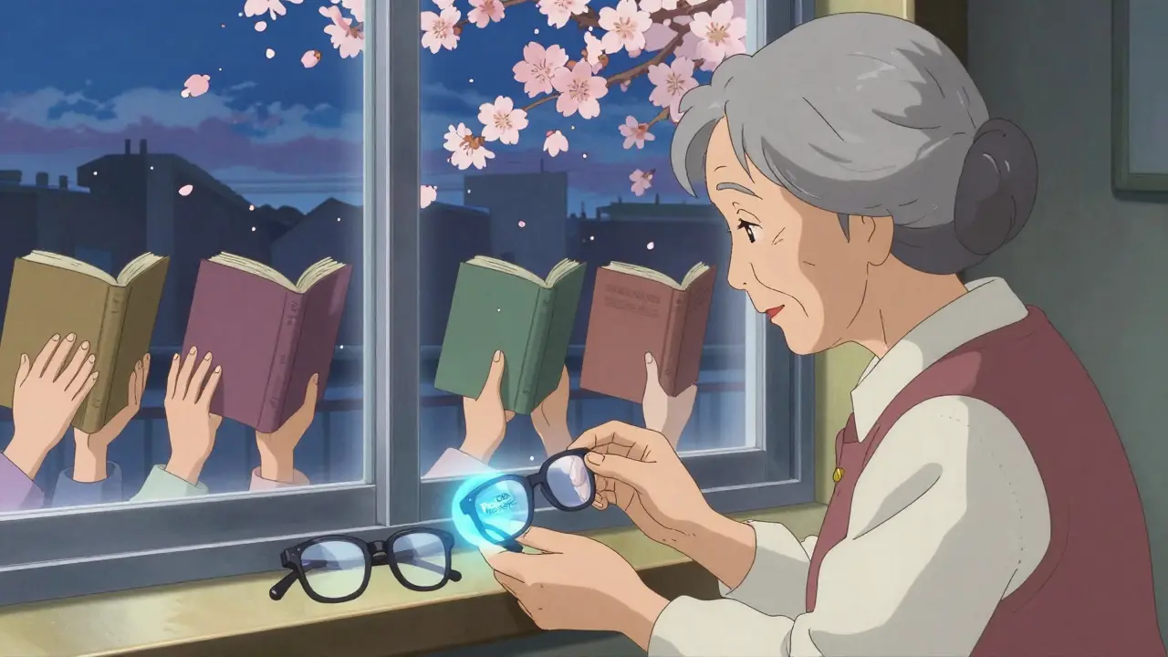 An elderly woman placing old reading glasses beside a glowing microlens implant, cherry blossoms falling outside.