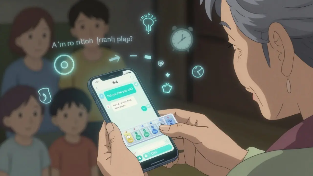 An elderly woman reviews her medication organizer as an AI chatbot question glows on her phone screen.