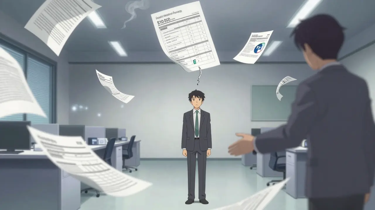 An employee surrounded by dissolving health documents, a glowing generic pill in focus.