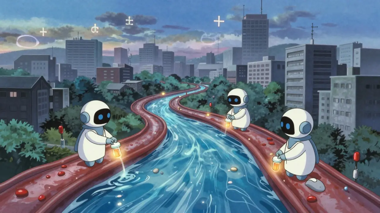 Bloodstream as a calm river with three gentle robots delivering low-dose medications to restore balance.