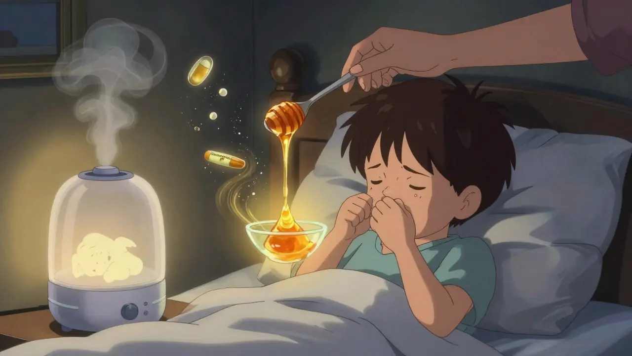 Child sleeping peacefully as honey glows softly in spoon, crumbling pills fade into dust, humidifier steam forms angelic shape.