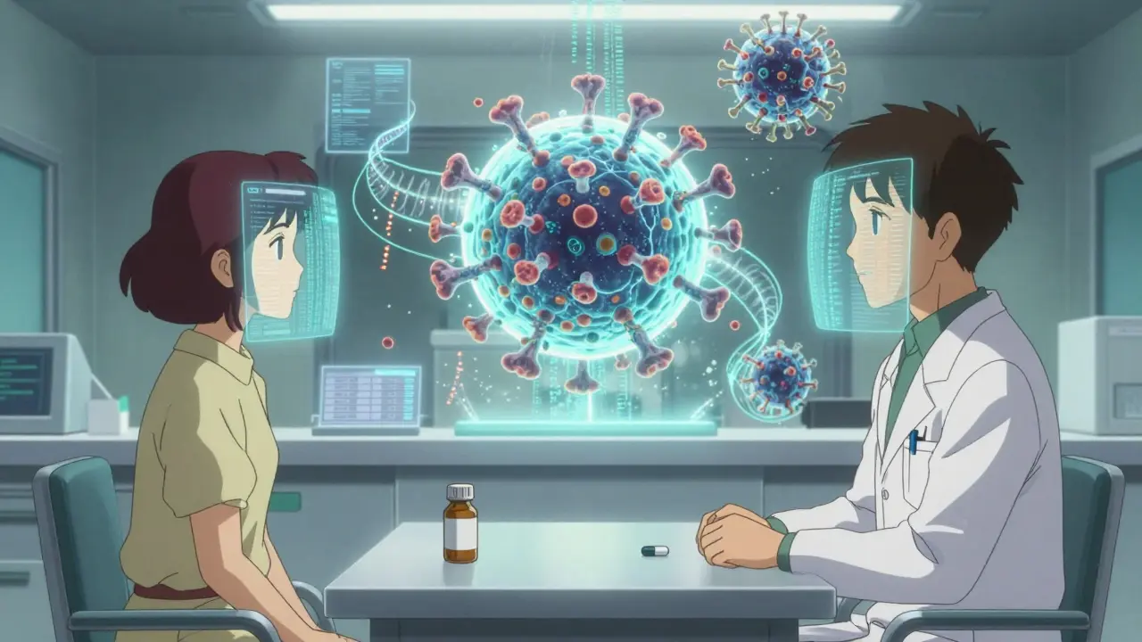 Doctor and patient in clinic with glowing HIV capsid bound by lenacapavir, CRISPR strands dissolving viral reservoirs.