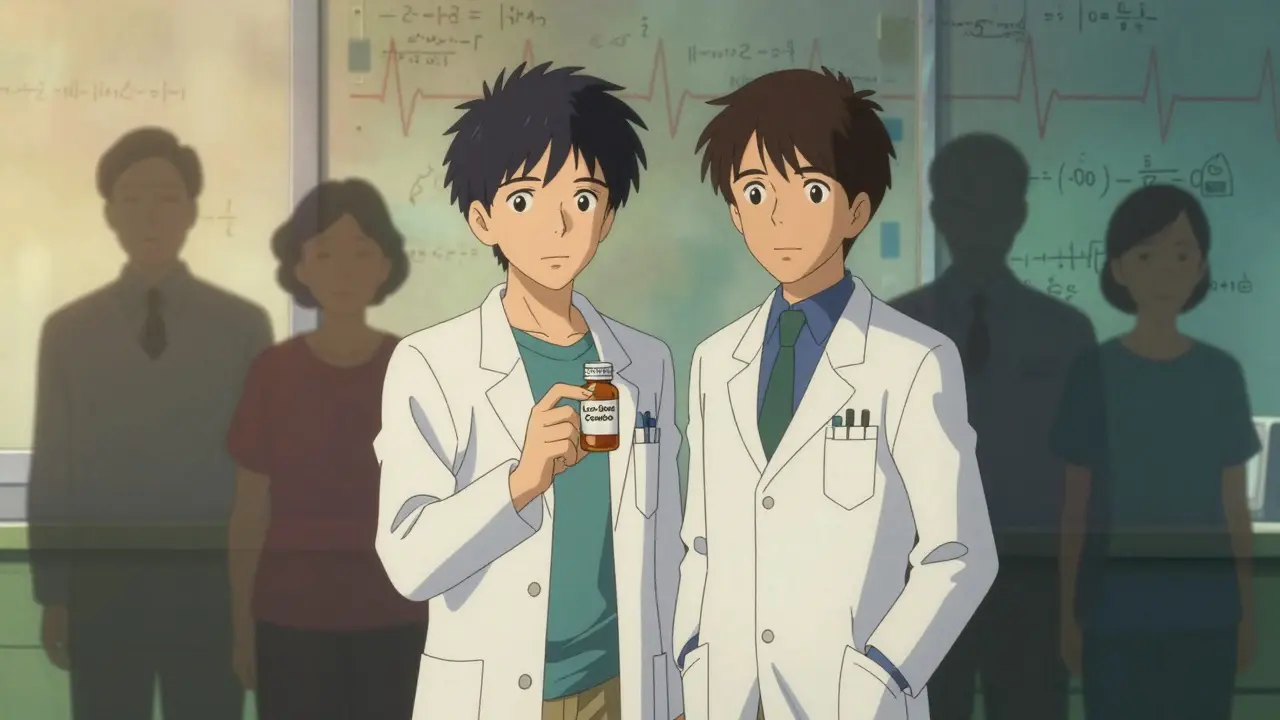 Doctor and pharmacist holding a combo pill bottle as patients' shadows transform into peaceful silhouettes.