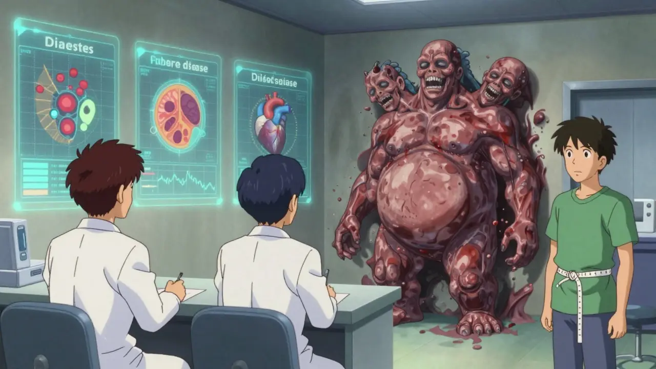 Doctors facing holograms of separate diseases while a monstrous torso entity consumes the room, patient holding a waist tape in shock.