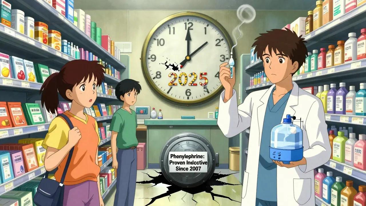 Drugstore aisle merges with hospital ER, doctor holds saline and humidifier as pill bottles crumble into a ticking clock.