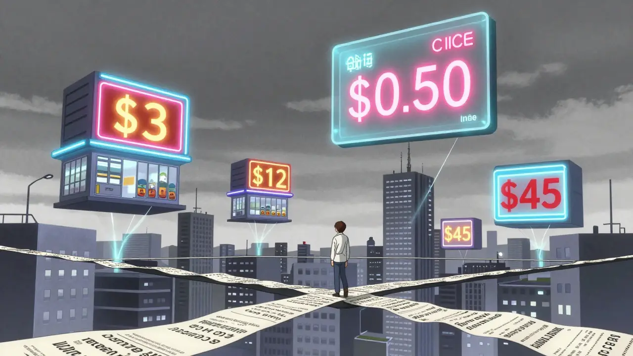 Floating pharmacies in a neon city display different prices for the same drug, with a hidden net price revealed above.