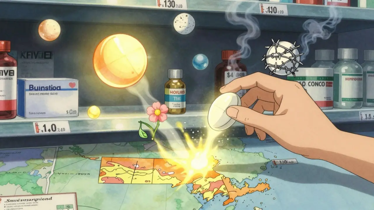 Generic pills floating like stars, some glowing cheaply, others chained and dark, as a hand selects the lowest-priced one.