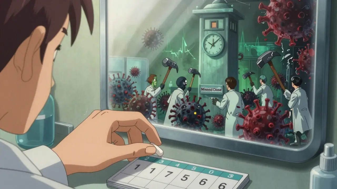 Hand placing pill in organizer, reflection shows viral mutants sabotaging a hospital clock tower.