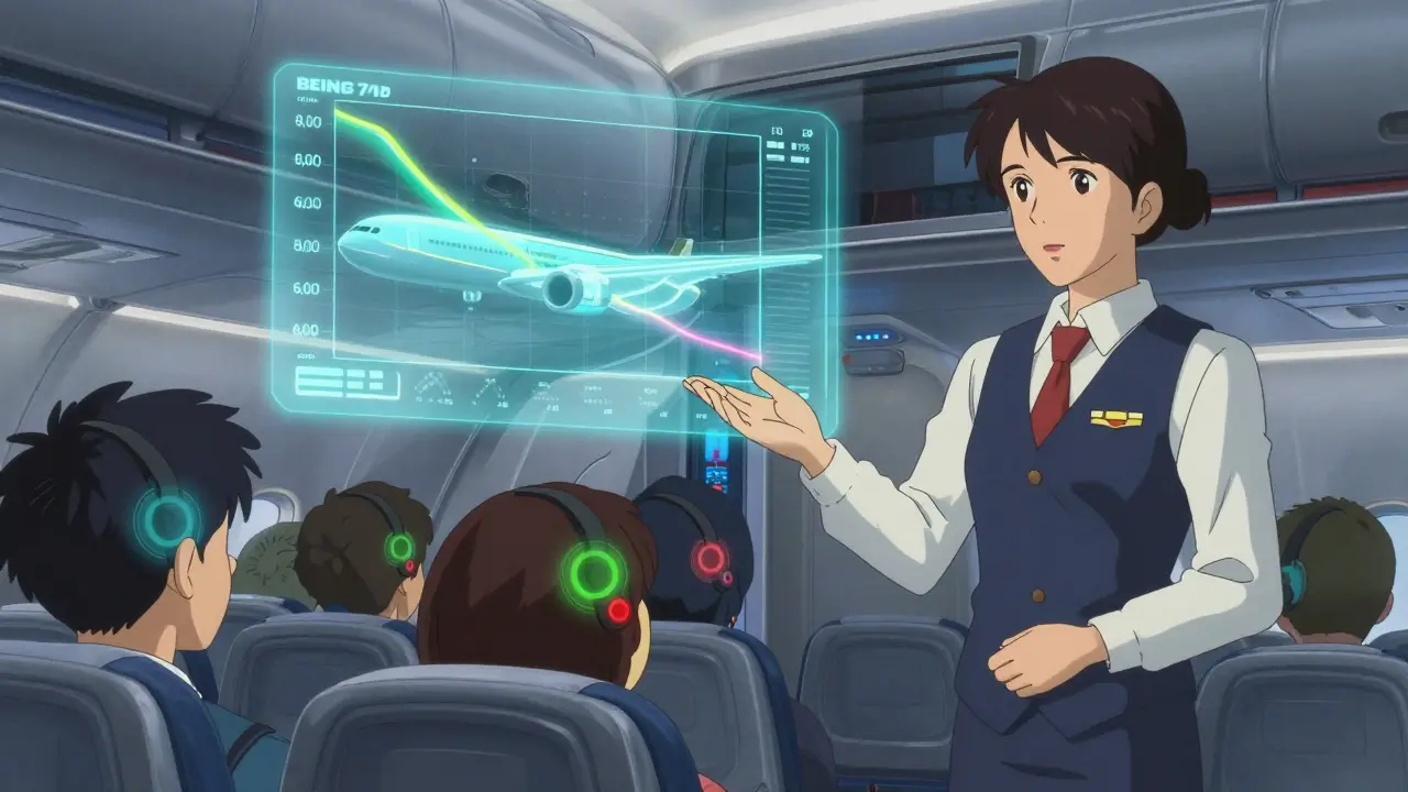 Passengers wearing smart earplugs with holographic pressure feedback in a futuristic airplane cabin.