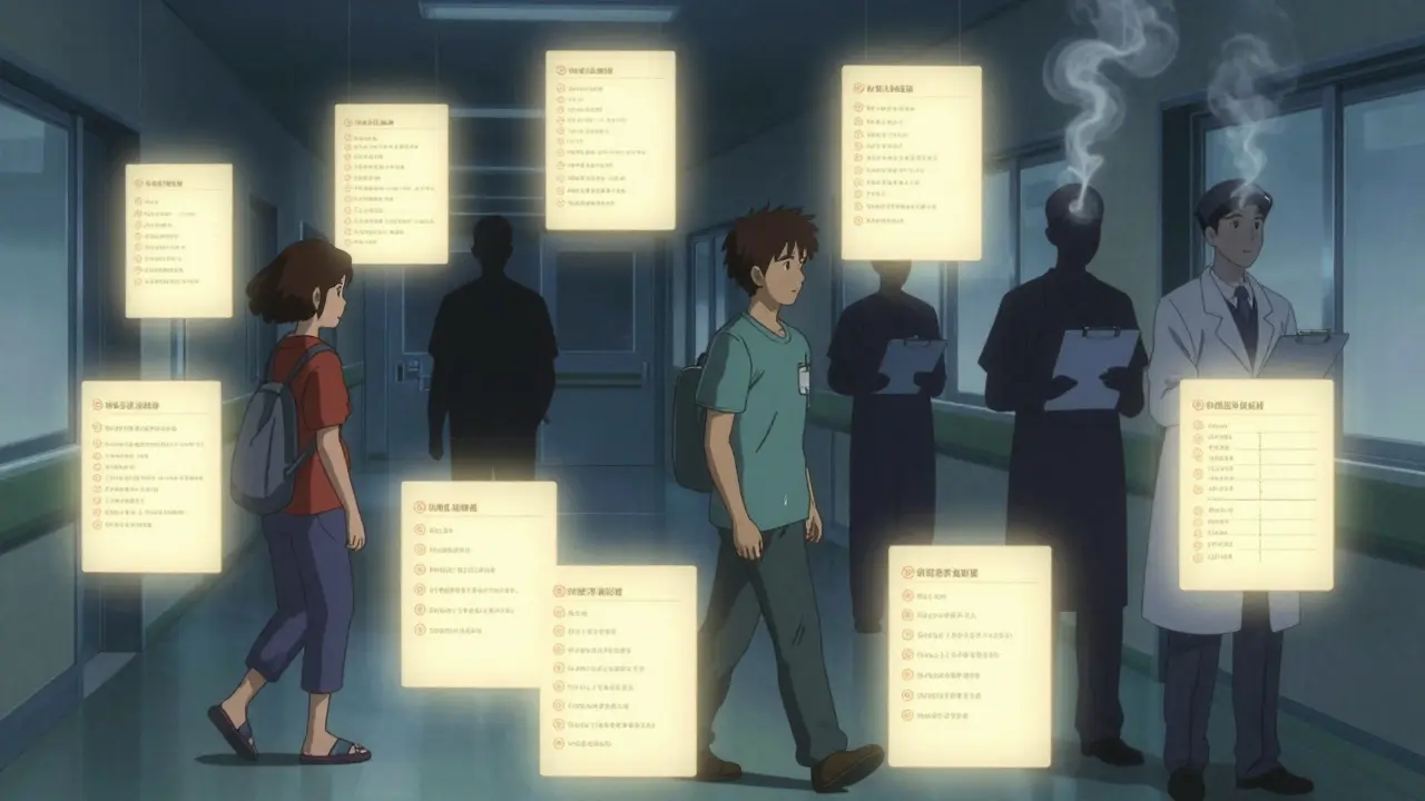 Patients walk down a hospital hallway surrounded by glowing assessment checklists, symbolizing measured understanding.