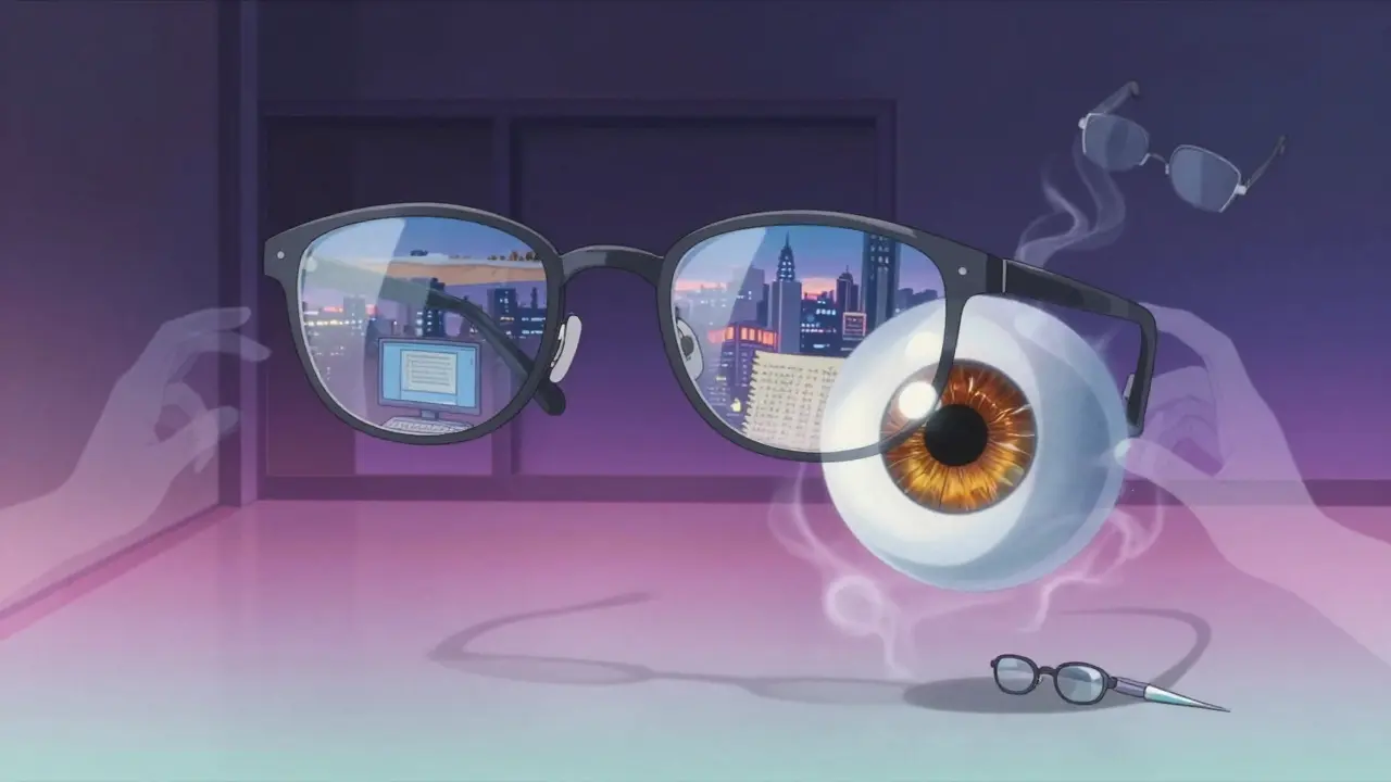 Progressive glasses hovering mid-air with three visual zones, a hardening eye lens beside them in surreal light.
