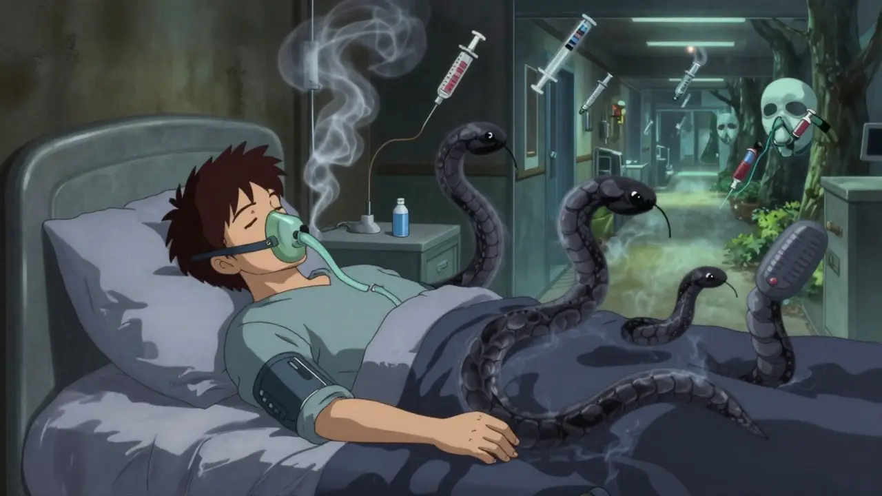 Sleeping man with CPAP mask slipping off, surrounded by serpentine symbols of blood sugar and breathing failure in dreamlike shadows.