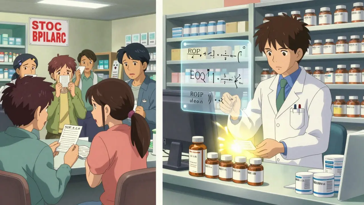 Split scene: frustrated patients on one side, calm restocking on the other, with mathematical formulas floating between them in a pharmacy setting.