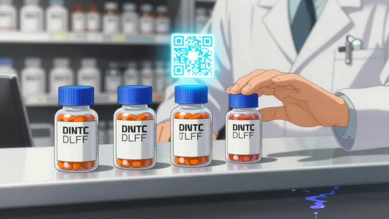 Three similar blue pill bottles on a pharmacy counter, one being replaced with a larger-print label and floating QR code.