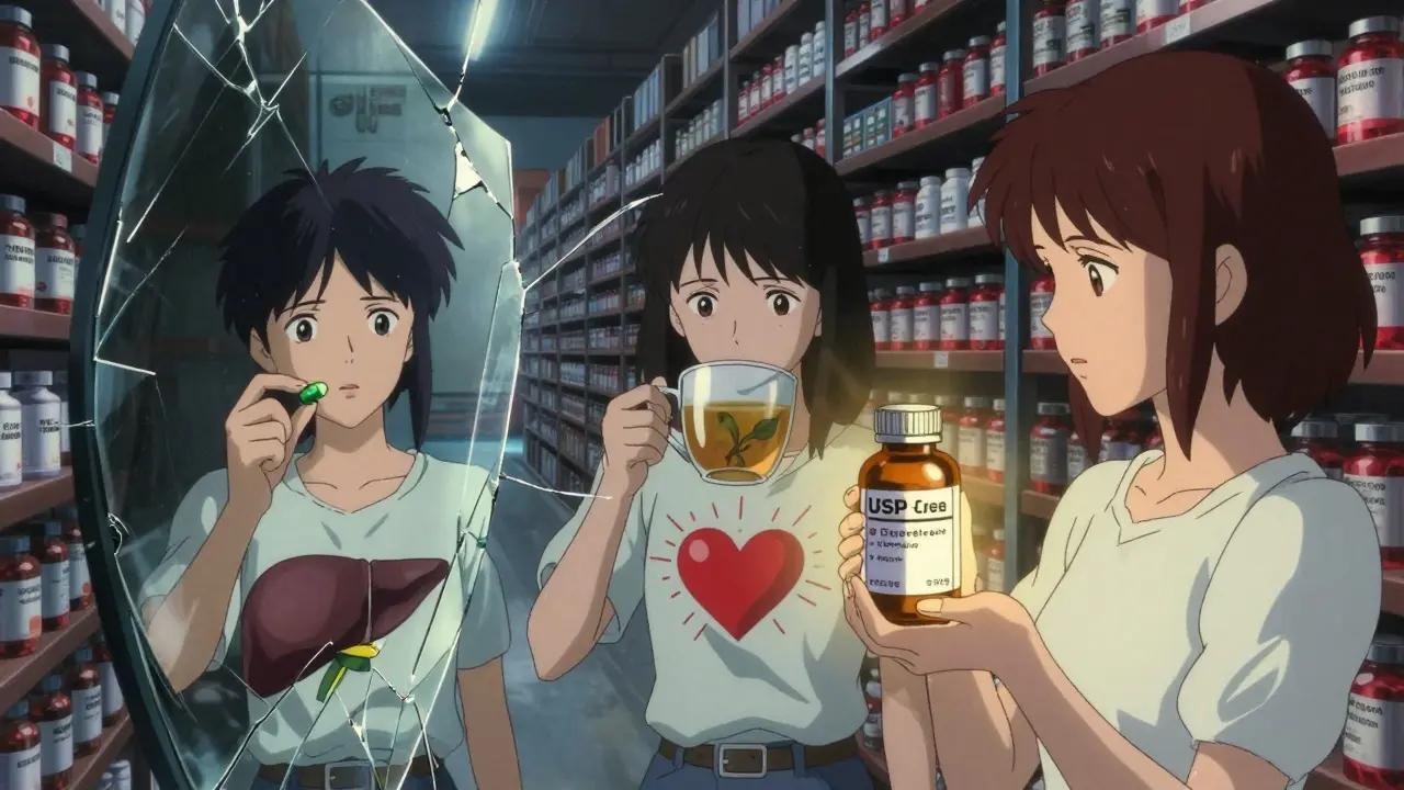 Three versions of a person facing consequences of supplement use, one safe, two dangerous.