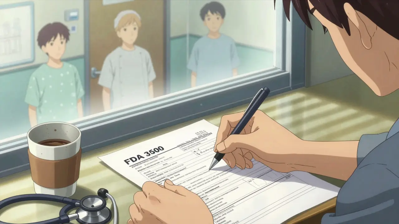 Two hands together completing a patient safety report in a hospital setting.