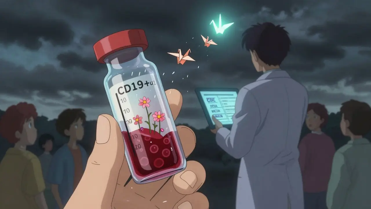 A blood vial under a microscope revealing awakening B-cells, with conflicting medical guidelines dissolving into origami cranes.