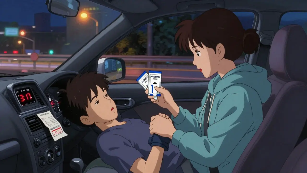 A mother clutches two naloxone kits in a car, her teen son slumped beside her, streetlights casting eerie glows through the window.