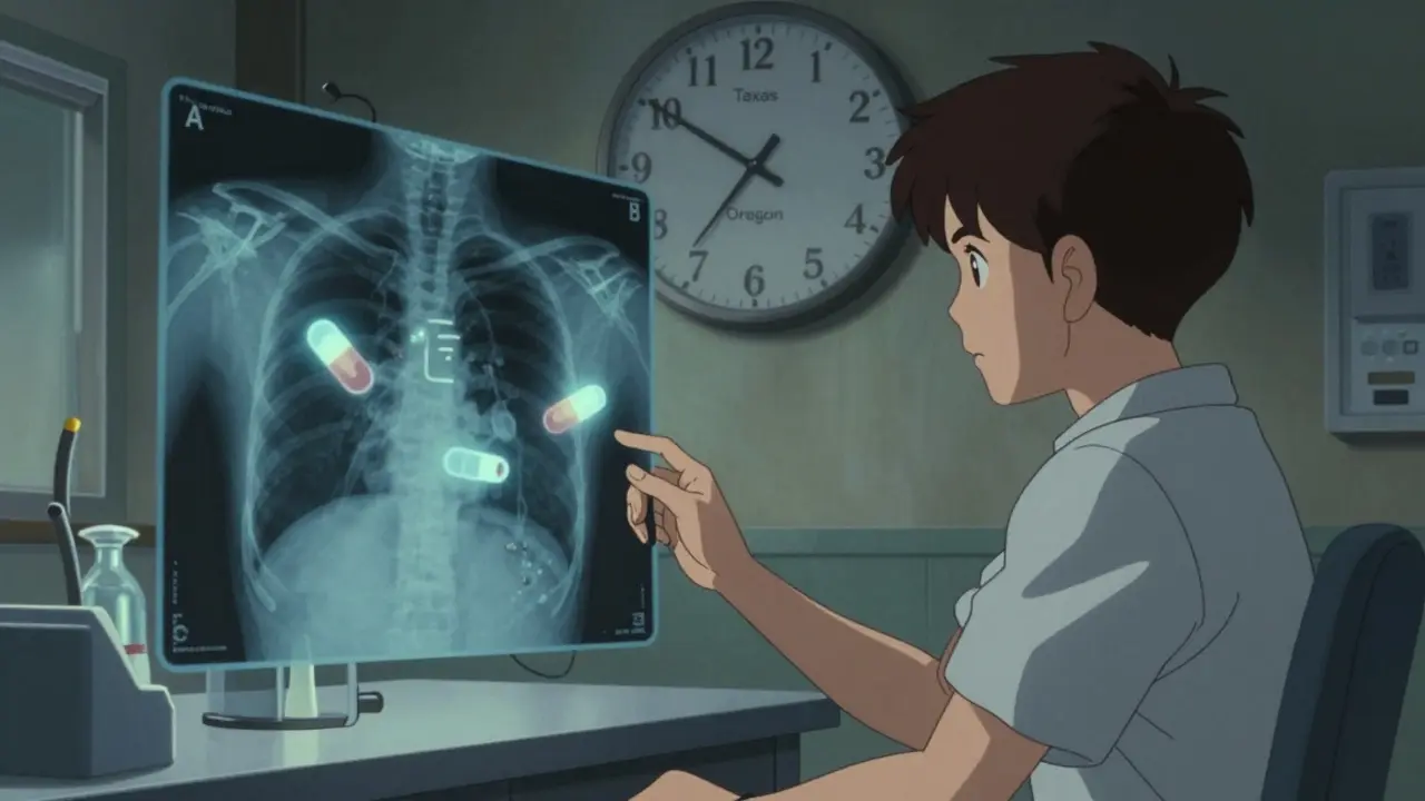 A patient's bloodstream shows mismatched drug molecules, with legal statutes forming a backward-ticking clock in the background.