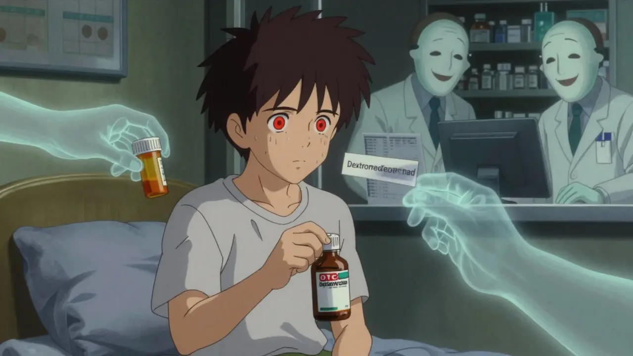 A person holding cough syrup as ghostly hands reach from medical sources, eyes glowing with fever and muscle spasms.