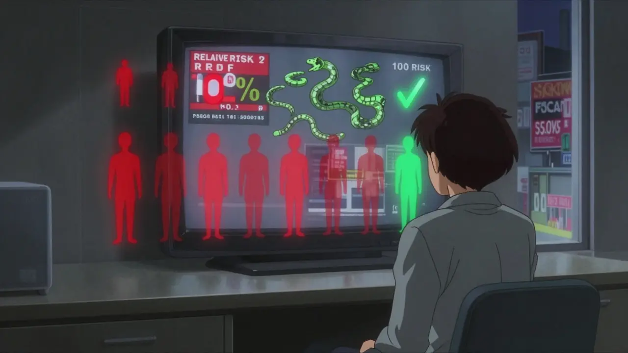 A pictogram of 100 silhouettes showing 4 at-risk and 1 helped, with drug ads warping into snakes in the background.