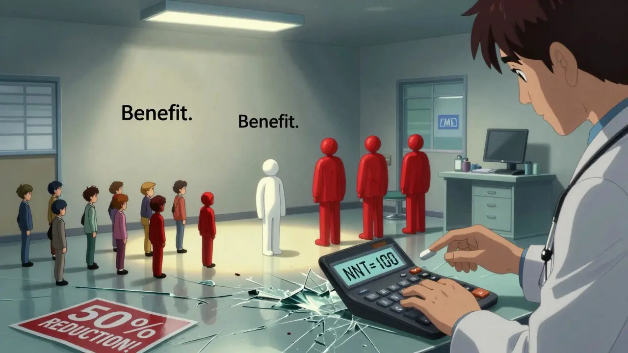 A surreal scale comparing 100 people with and without medication, showing 4 vs 3 affected, with NNT=100 floating nearby.