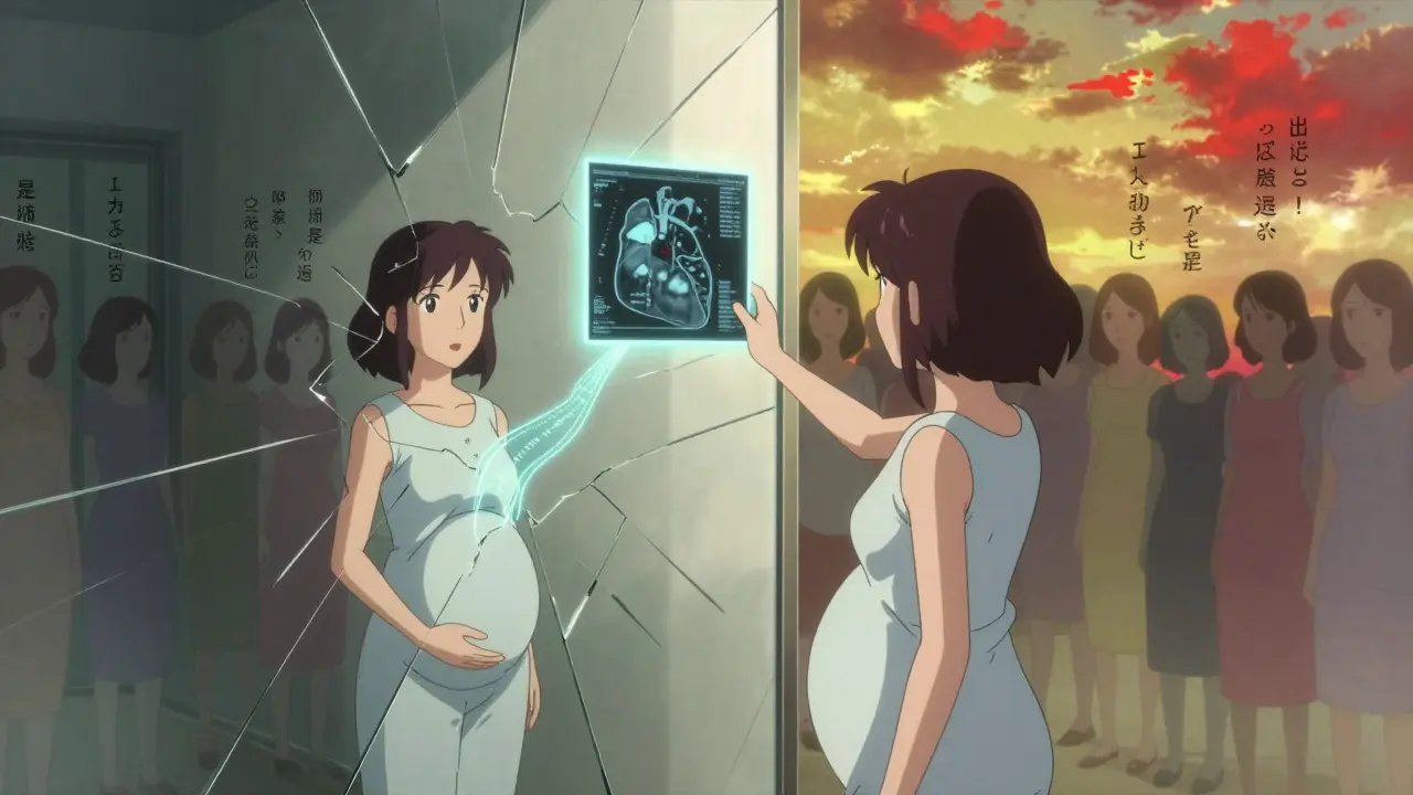 A woman facing a mirror reflecting past health risks, reaching toward a glowing heart scan as ghostly figures fade behind her.