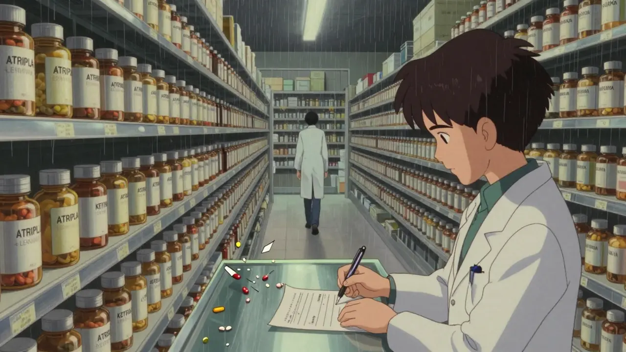 An endless aisle of combination drug bottles stretches into infinity, with the pharmacist's reflection revealing a doctor holding a prescription pen.