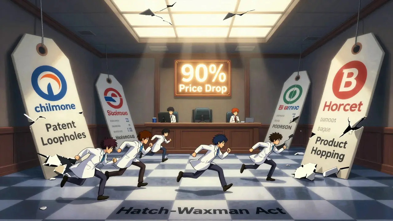 Anime characters racing across a legal checkerboard, dodging patent traps as price tags crumble beneath them.