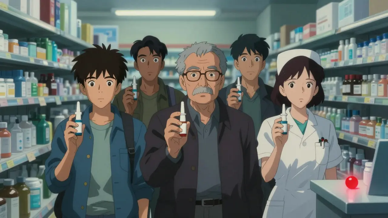 Diverse people hold naloxone kits in a pharmacy, faces lit by fluorescent light, symbolizing preparedness for overdose emergencies.