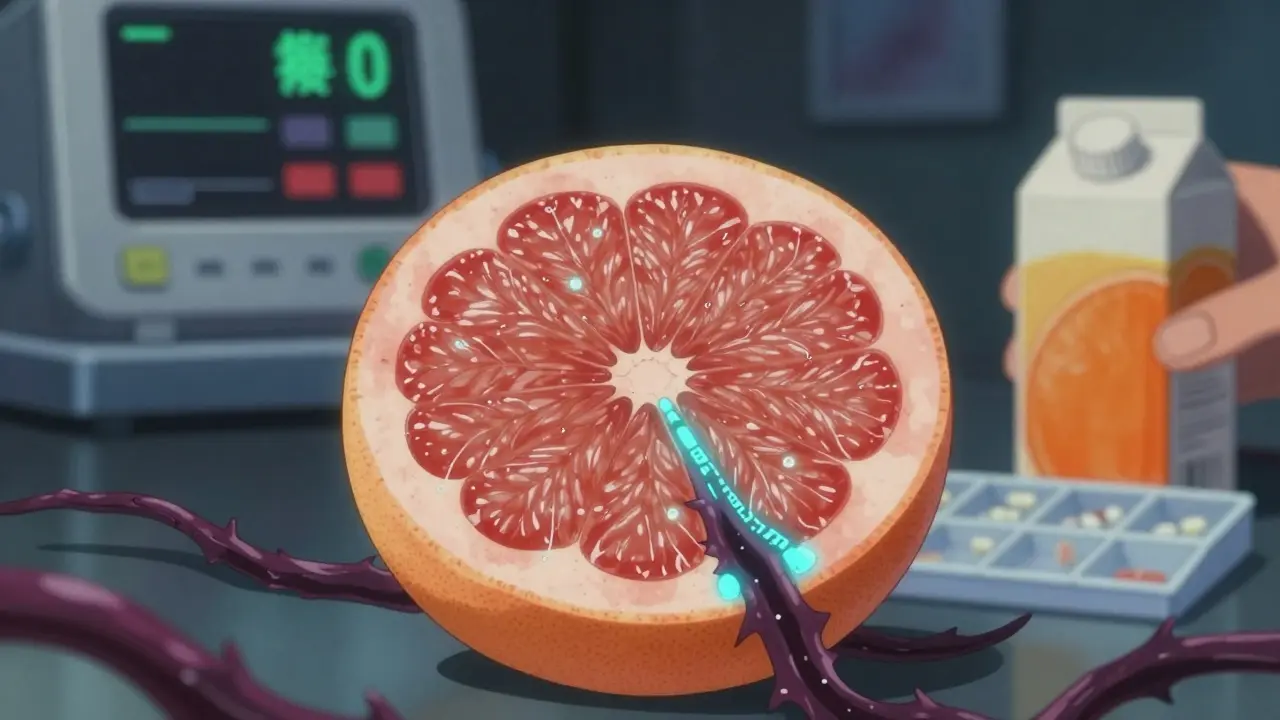 Glowing CRISPR-edited grapefruit with fading toxic tendrils, safe orange juice beside pill organizer.