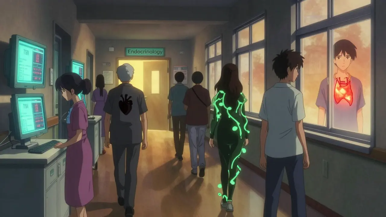 Hospital hallway with patients whose shadows reflect thyroid-related health issues.