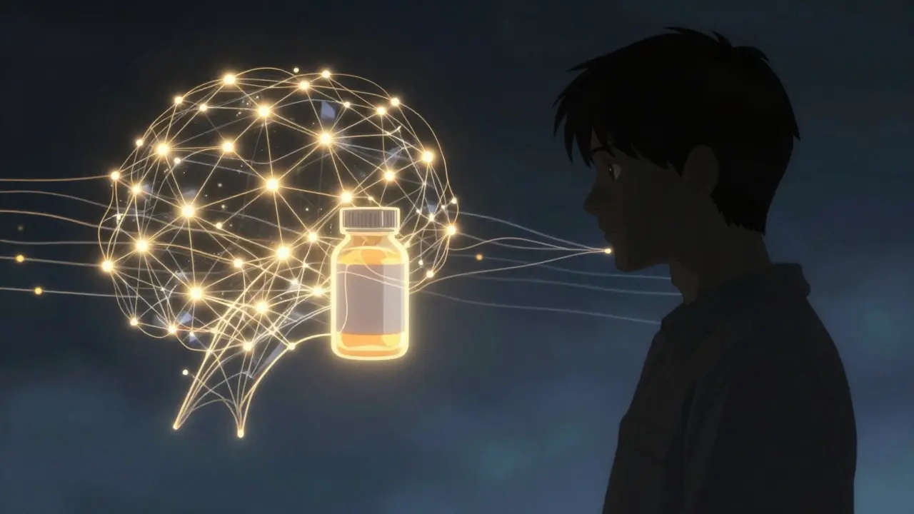 Person silhouette with neural network connecting to medication bottle