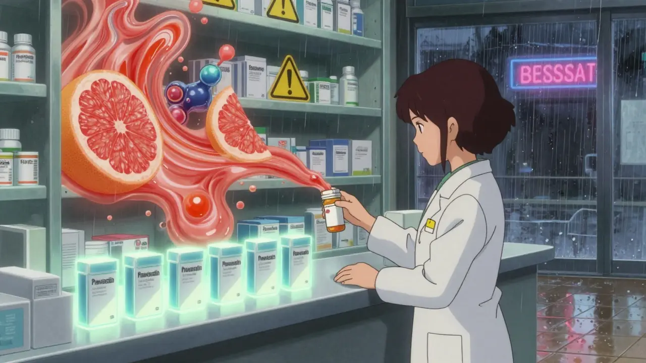 Pharmacist counter with grapefruit molecules transforming into warning signs, rain on window.