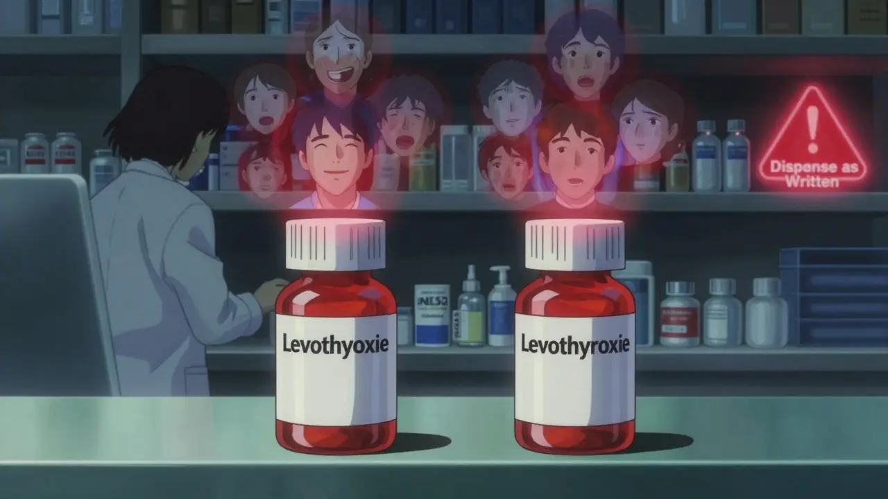 Pharmacist counter with two levothyroxine bottles and floating patient emotions as auras.
