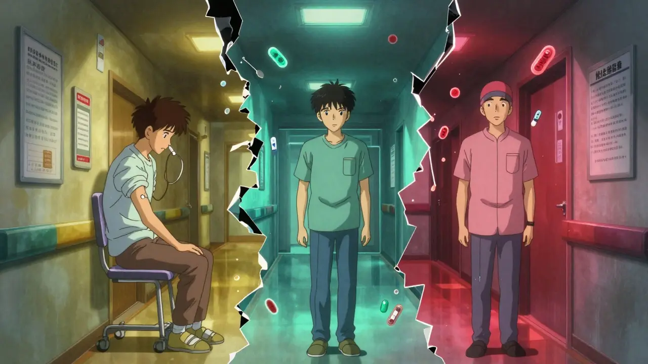 Three medical pathways showing different immunosuppressed patients getting vaccines at optimal times, in anime style.