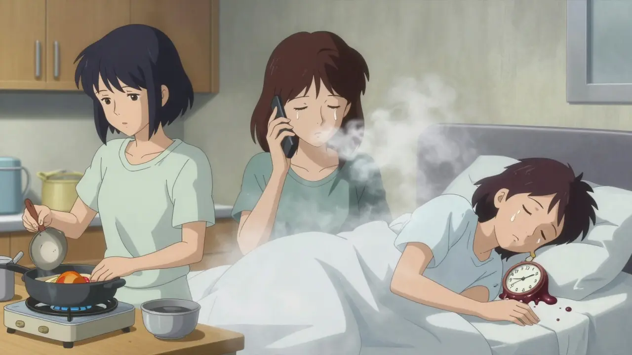 Three women in daily life surrounded by haunting symbols of heart attack symptoms: jaw pain, breath fog, sleepless nights.