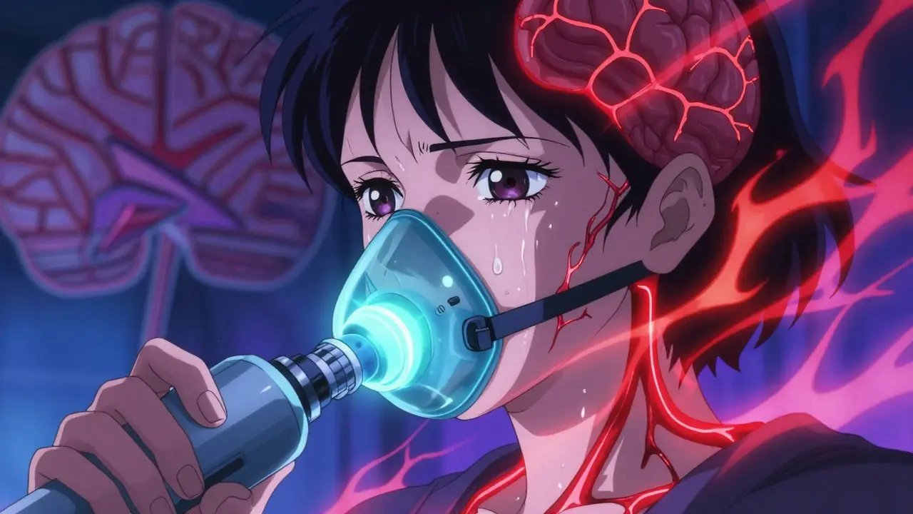 Woman mid-cluster headache with oxygen mask, tear-streaked face, neural fire calmed by glowing oxygen flow.