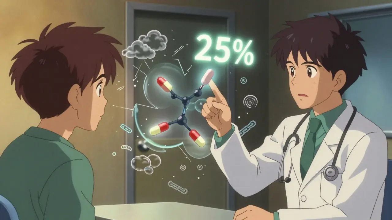 A doctor and patient in a consultation room with floating opioid molecules transforming, a 25% reduction symbol glowing above a new prescription.