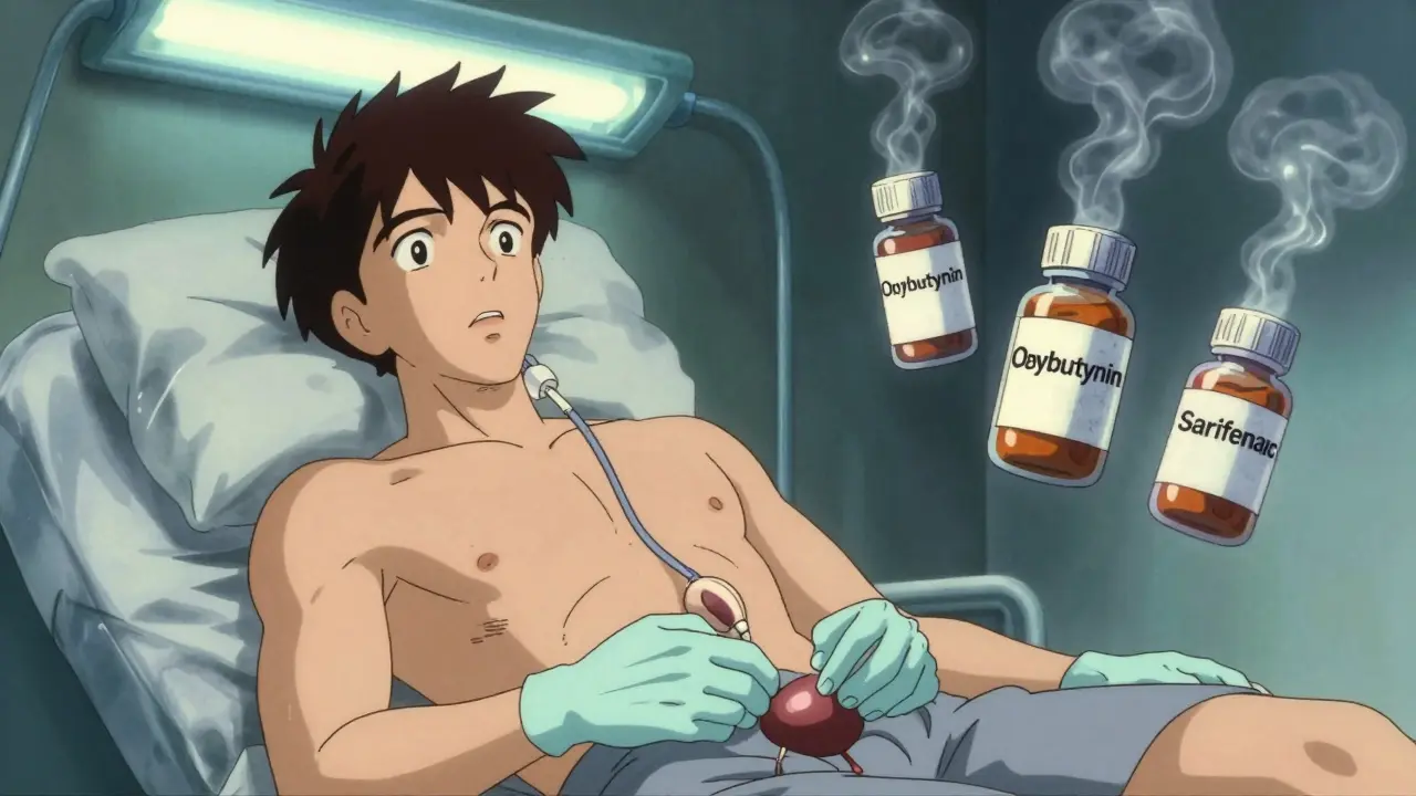 A man being catheterized in an ER, with ghostly hands blocking bladder signals and floating medication bottles.