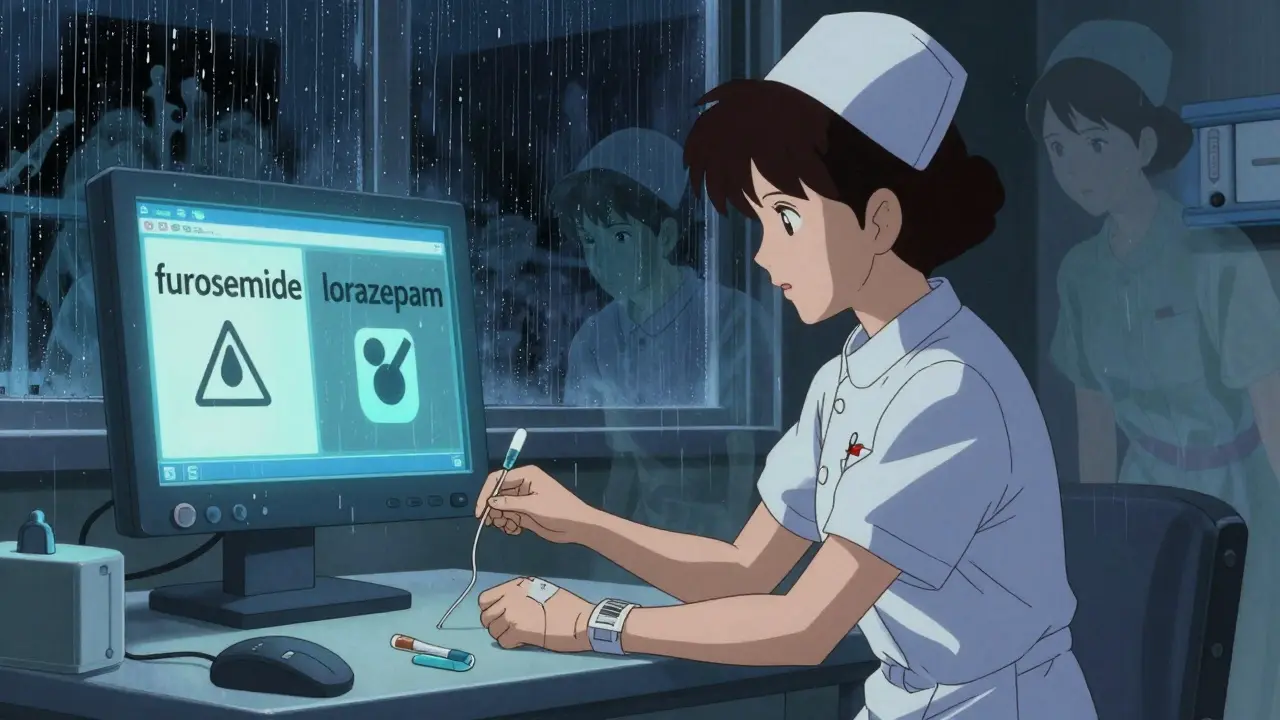 A nurse scans a patient's wristband as a monitor displays two conflicting drug names, ghostly figures looming behind her.