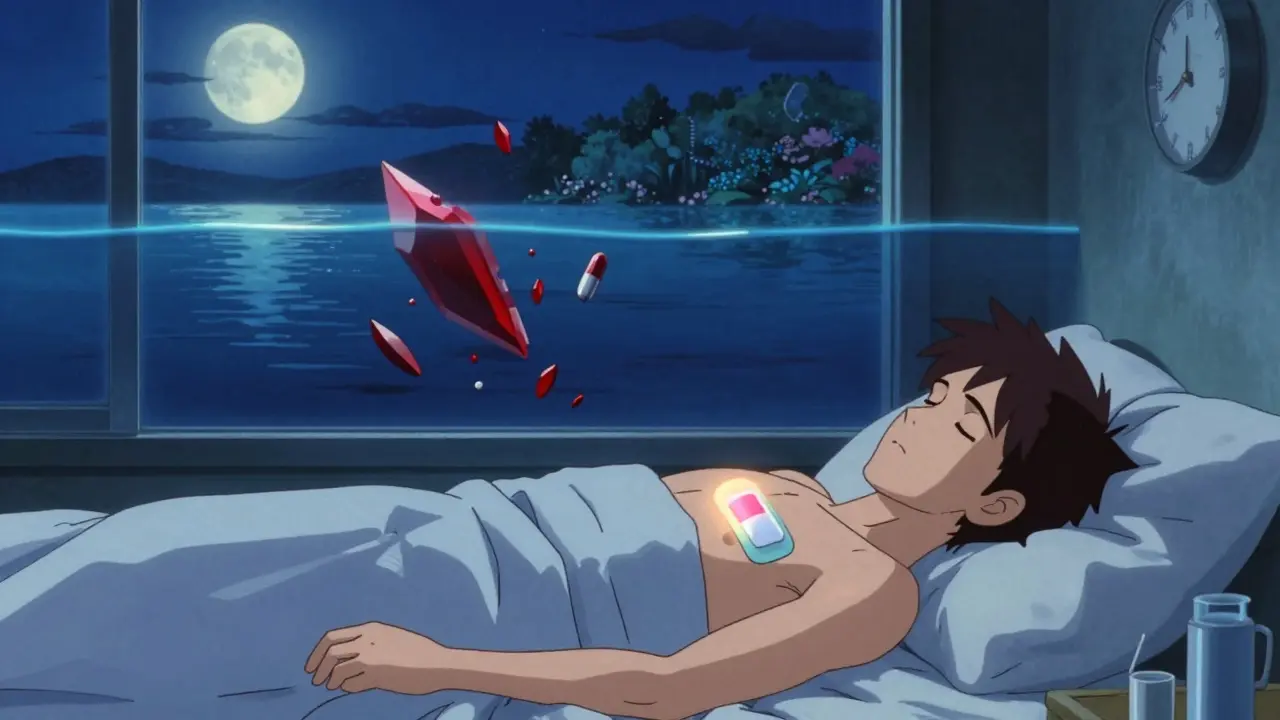 A patient asleep at night as a serene ocean of pain relief rises above them, old opioid shards sinking, fentanyl patch glowing softly.