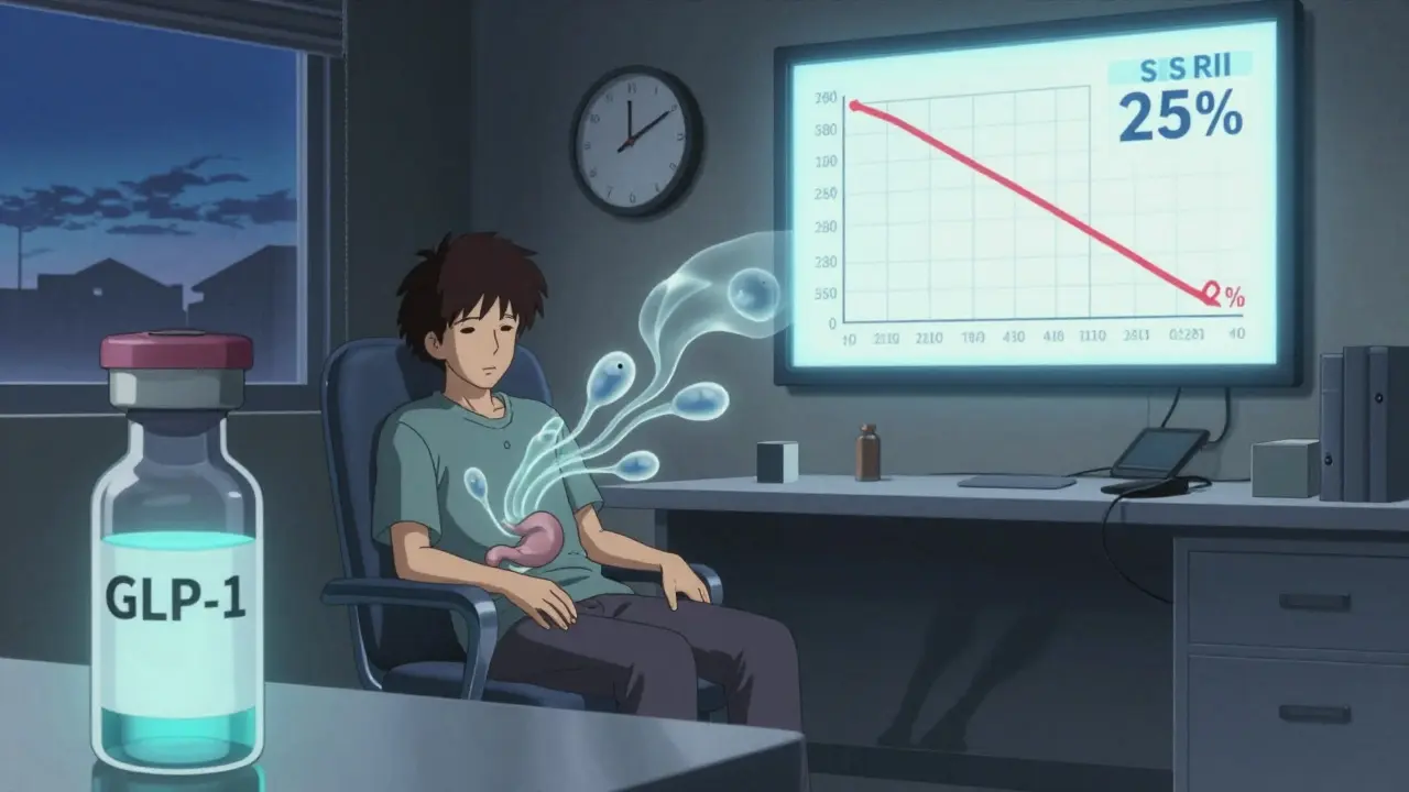 A patient in a psychiatrist’s office with fading antidepressant molecules drifting away, symbolizing reduced medication absorption.