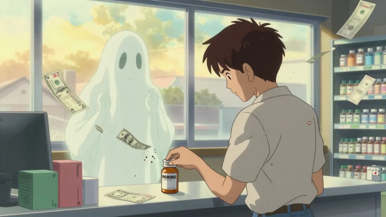 A patient picking up a generic drug, with a ghostly identical brand-name version beside them under soft dawn light.