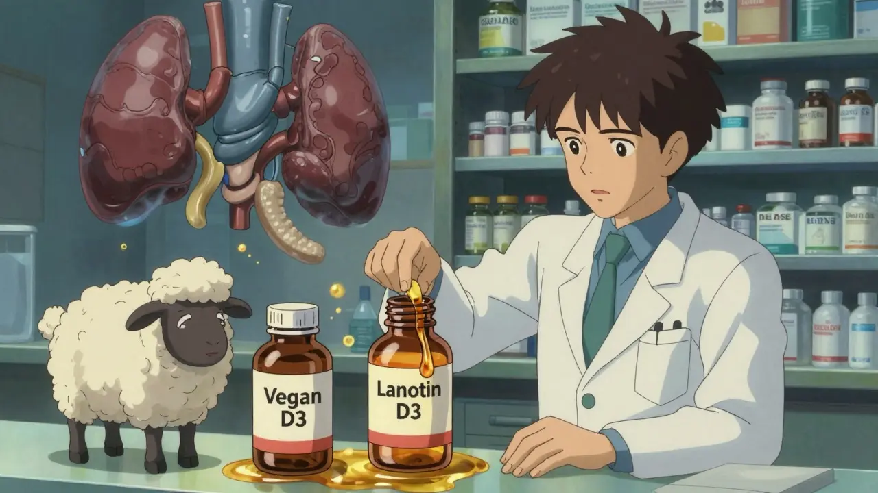 A pharmacist choosing between two pill bottles, one dissolving into animal products, with floating organs in the background.