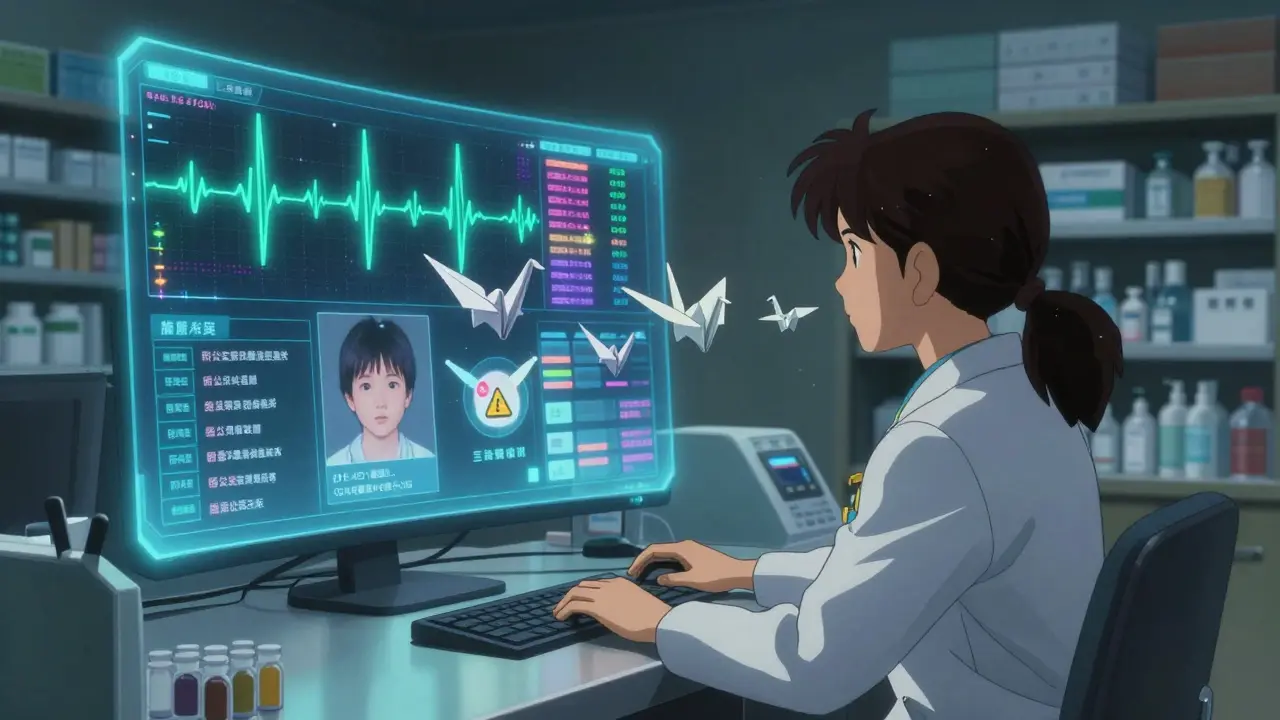 A pharmacist in a dim room facing a hologram of pulsing genetic data, with AI recommendations as folding paper cranes.
