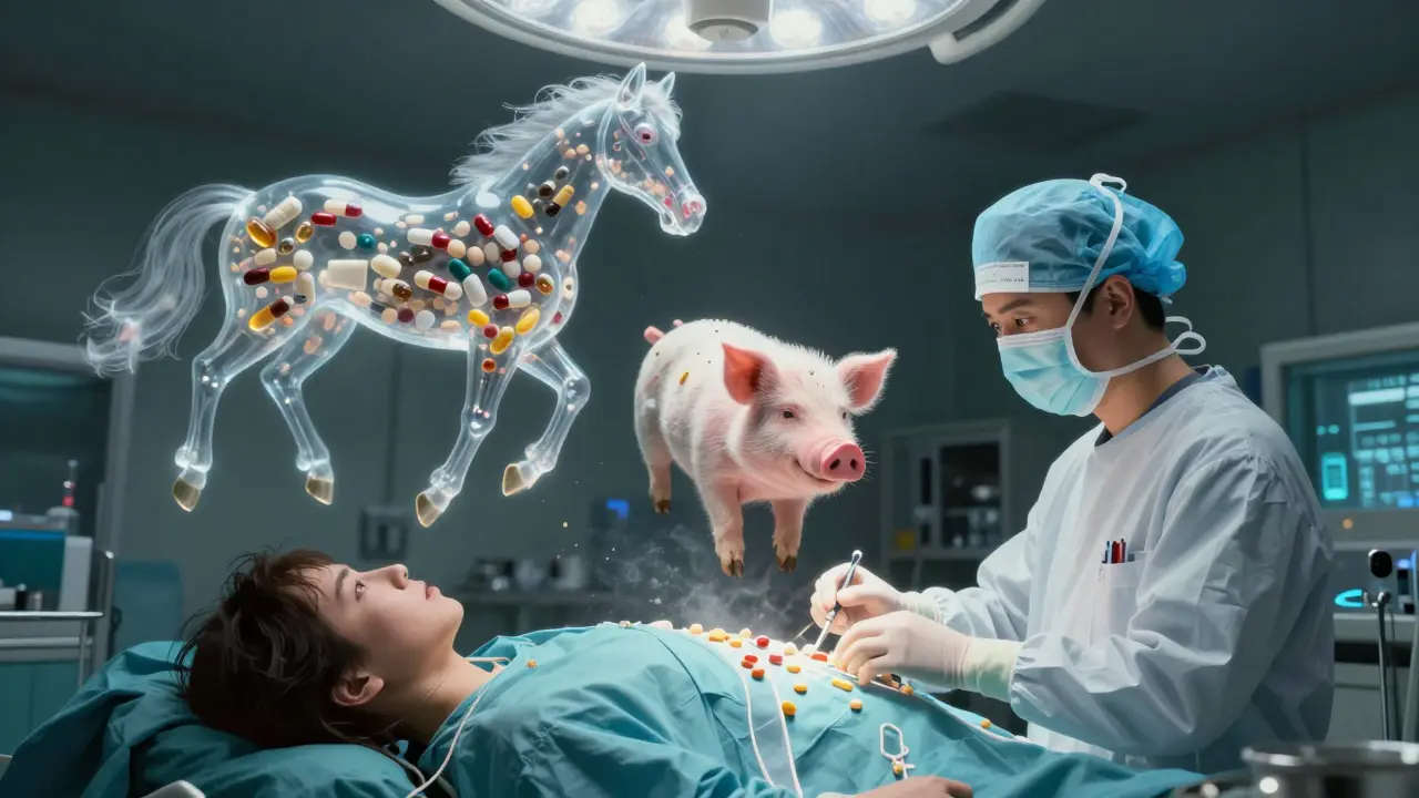 A surgical scene with ethereal animal forms above the patient, made of medication ingredients, in a hauntingly clinical room.