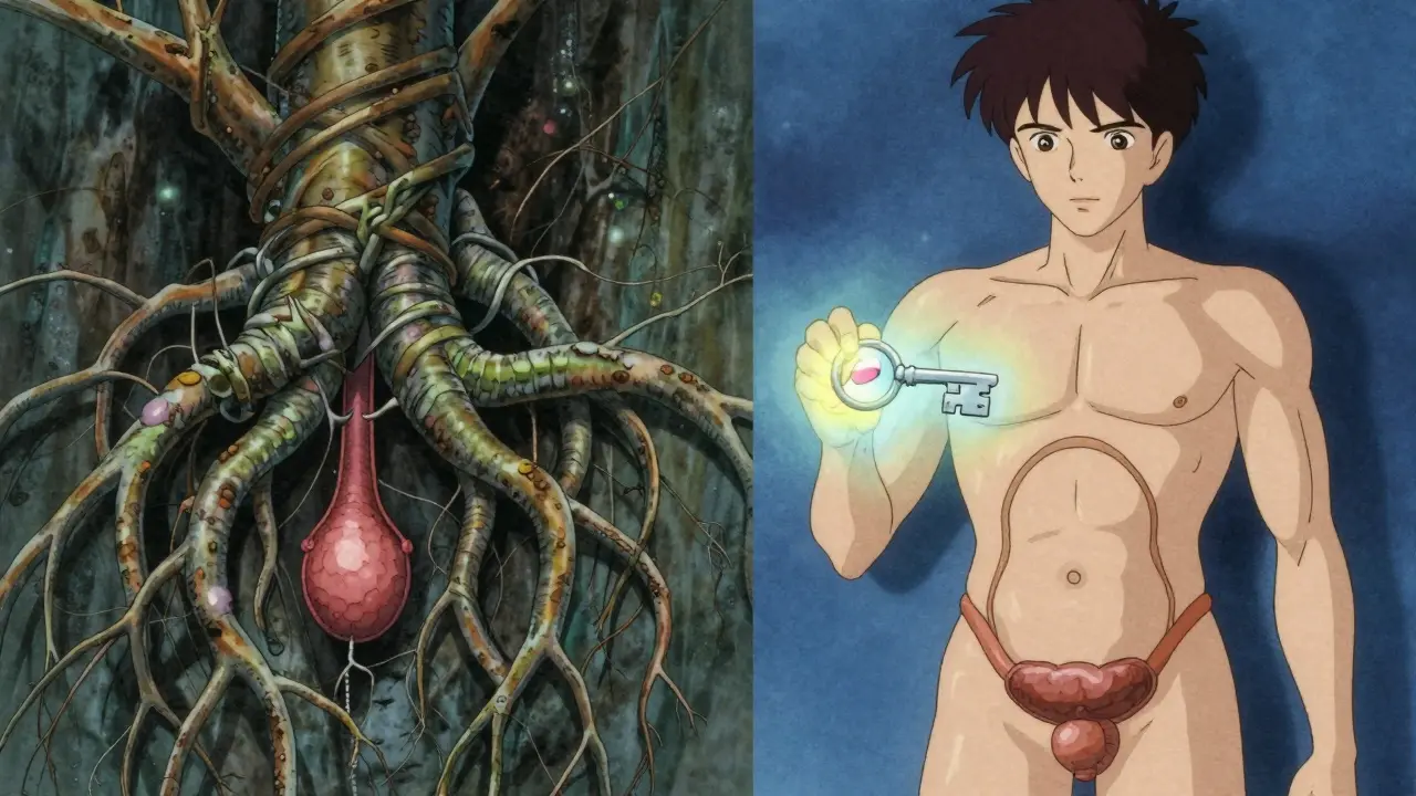 A symbolic split image: constricted prostate versus a glowing pill unlocking a healthy urinary pathway.