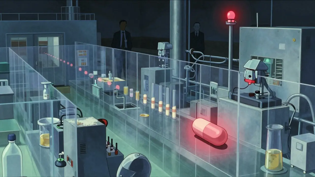 A transparent pharmaceutical factory revealing cGMP processes, with one flawed tablet glowing red as inspectors observe.