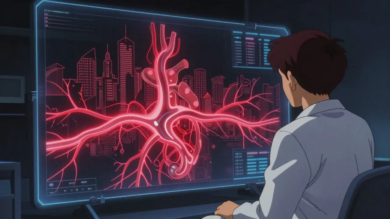 Doctor reviewing abstract cardiac data on digital screen.